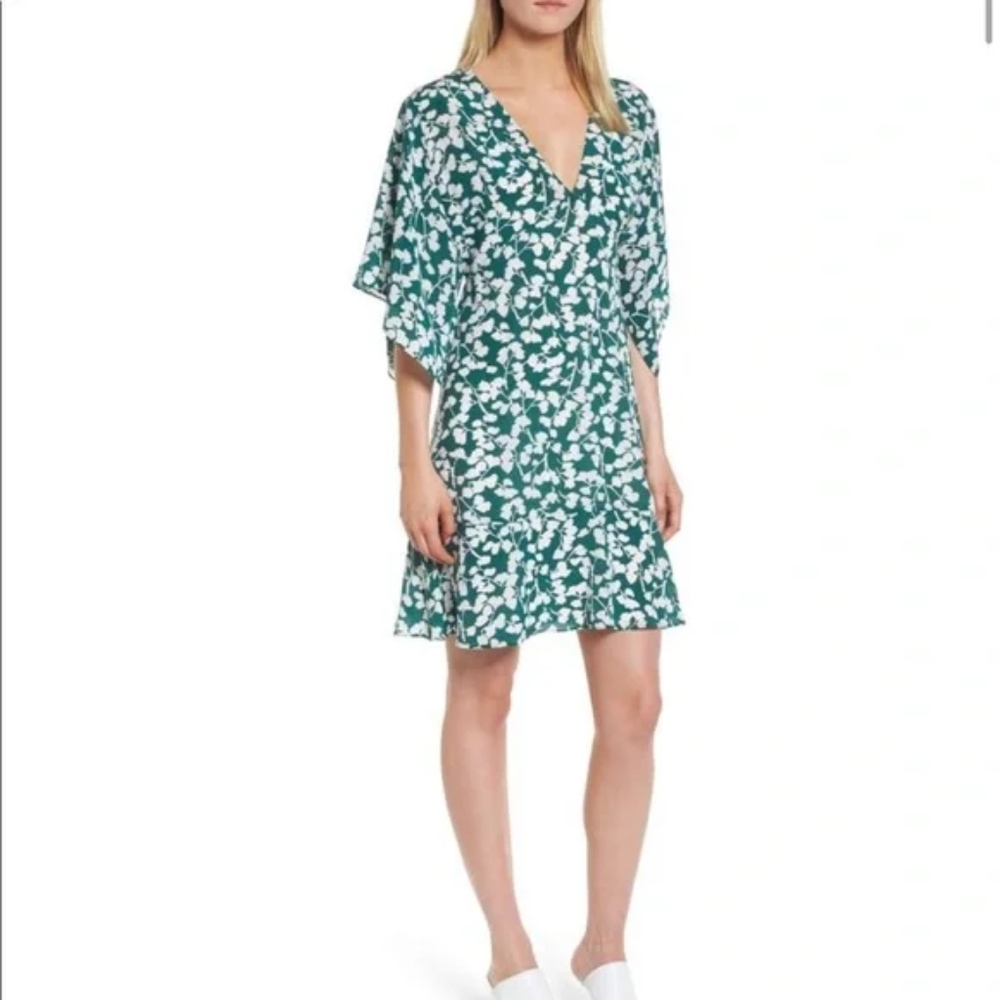 Lewit Floral Green Silk Dress Evergreen Gingko Ruffle Shift Dress, Size 4